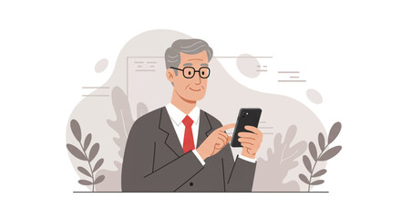 a man in a suit and glasses, smiling and looking at a smartphone, with plants in the background. Suitable for landing page, banner, marketing, web design, presentation, infographic, etc.