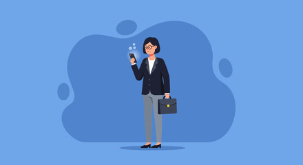 a woman in a business suit standing against a blue background, holding a phone and a briefcase. Suitable for landing page, banner, marketing, web design, presentation, infographic, etc.