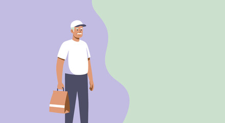 a man standing against a purple background, wearing a white cap and shirt, and holding a brown paper bag. Suitable for landing page, banner, marketing, web design, presentation, infographic, etc.