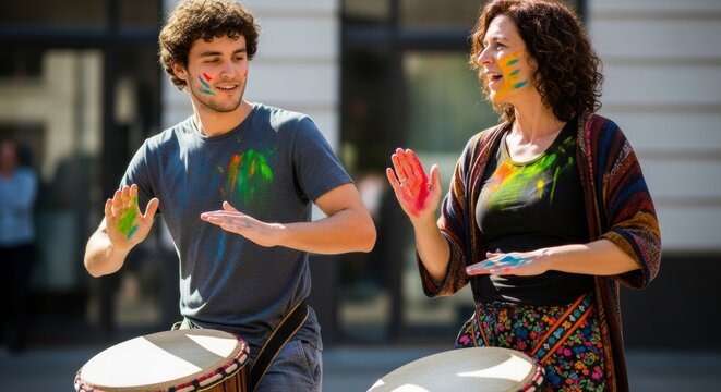 A man and woman, both with colorful paint on their faces and hands, smiling and playing djembe drums outdoors, embodying a joyful and artistic musical collaboration.