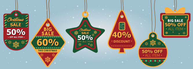 Christmas sale paper tags vector set with different shapes. Merry Christmas discount coupon collection. Hand drawn elements hanging with discount text for Christmas. Special offer vector tag.
