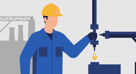 A male engineer in a hard hat and blue uniform operates industrial machinery extracting a drop of oil at a production site, rendered in a modern vector illustration style.