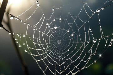 A glistening spiderweb covered in morning dew drops, backlit by the sun.