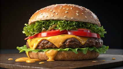 Gourmet cheeseburger with melted cheese and fresh toppings beef lettuce
