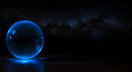 Fototapeta premium A luminous, ethereal orb, its surface hinting at the vast cosmos, floats serenely against a backdrop of a deep night sky and twinkling stars, inviting contemplation of the universe's mysteries.