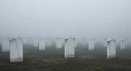 A serene scene of a graveyard shrouded in a thick mist. The misty atmosphere creates an eerie and melancholic mood, where stone monuments stand silent and dignified, their forms softened by the fog.