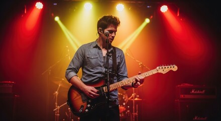 A male guitarist performing passionately on an electric guitar on a stage under vibrant red and yellow spotlights, creating an energetic atmosphere during a live rock concert.