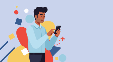 a man in a blue shirt, holding a smartphone, with a backdrop of abstract geometric shapes in various colors. Suitable for landing page, banner, marketing, web design, presentation, infographic, etc.