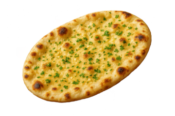 Delicious garlic naan bread isolated on transparent background, fresh and warm