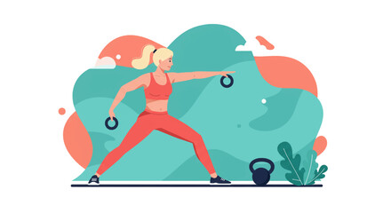 A vibrant flat illustration depicts a blonde woman in athletic wear performing a lunge exercise with small weights, promoting a healthy and active lifestyle.