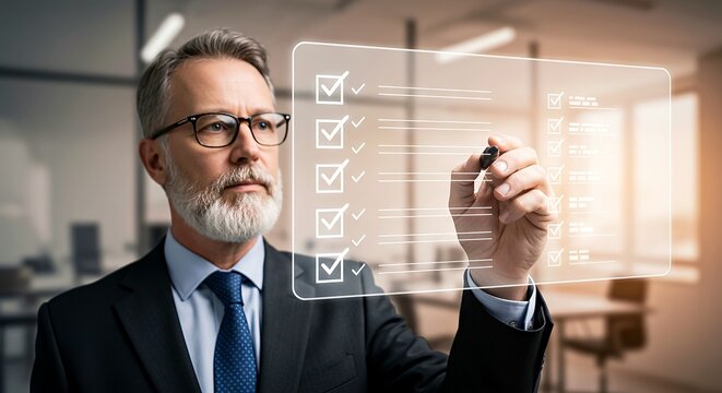 Senior businessman writing checklist on transparent screen in office