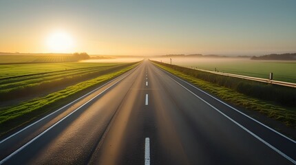 Straight empty road through countryside at golden sunrise, with green fields, soft fog, and warm light casting long shadows. A peaceful and realistic rural landscape.