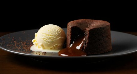 Professional Food Photography of a Molten Chocolate Fondant and Vanilla Ice Cream on a Minimalist Plate
