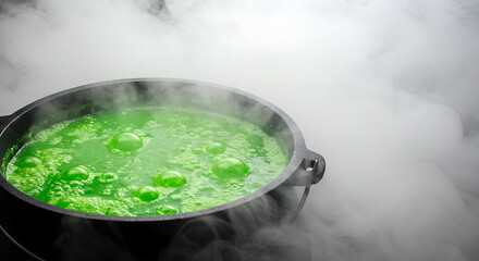A steaming, bubbling cauldron, filled with mysterious green liquid, emanates a haunting atmosphere, shrouded in billowing vapor. An atmospheric depiction of mystery and magic.
