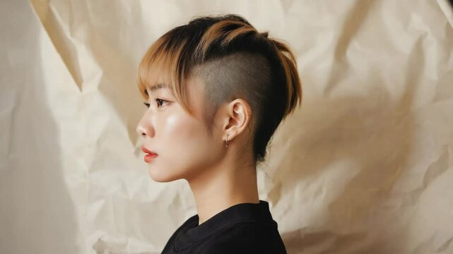 A stunning woman with a unique undercut hairstyle, portrait profile shot