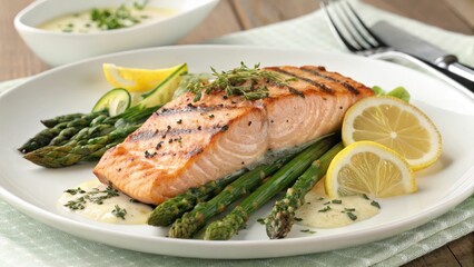 Grilled salmon with asparagus lemon and sauce herbs