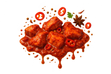 Authentic chicken curry with red sauce and spices isolated on transparent background