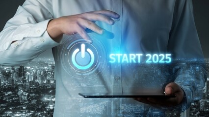 Start 2025 concept with futuristic power button symbolizing fresh beginnings, innovation, and...