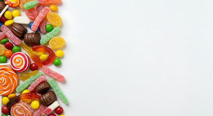 A Colorful assortment of candies with various shapes, sizes, and vibrant colors. A sweet delight, suitable for festive or celebration themes.