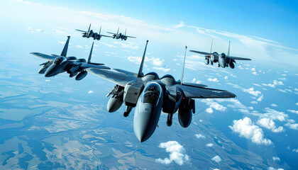 Group of fighter jets fly in formation in the sky. Concept of power and strength, as the jets soar through the air with precision and coordination