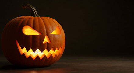 A carved pumpkin casts an eerie glow, its jagged grin and piercing eyes hinting at the spooky season's thrills and frights. This image captures the essence of a classic Halloween centerpiece.