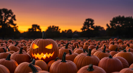 An iconic jack-o'-lantern glows amidst a pumpkin patch under a twilight sky, embodying the spirit of Halloween with an eerie and festive atmosphere.