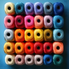 Spools of thread rising in vibrant ascending color pattern