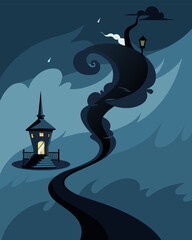 As the storm raged outside the gaslights shadow took on a life of its own contorting and twisting in unnatural ways.. Vector illustration