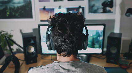 Rear View of Person with Headphones Working on Computer