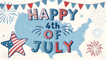 Obraz premium Happy fourth of july greeting with american flag star and fireworks over usa map