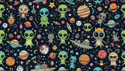 Naklejka premium Seamless Pattern of Cute Alien Cartoon Characters