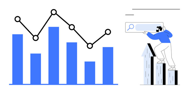 Bar graph and line graph tracking progress and trends. Man on arrow-shaped blocks using search bar tool. Ideal for business growth, statistics, performance, analysis, development, forecasting, simple
