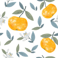 Orange plant pattern without background. Branches with leaves and flowers are intertwined into a pattern. Citrus fruits. Oranges are juicy orange in color. Watercolor illustration. 