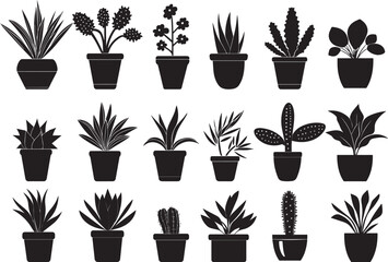 Houseplant silhouette icon set – flat style home greenery, indoor plants, and botanical symbols for nature lovers. Indoor Home Greenery and Botanical Plant Icons. 