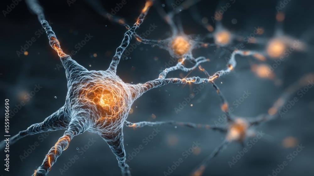 Poster a detailed rendering of neurons forming a complex network. the image highlights the connections and 