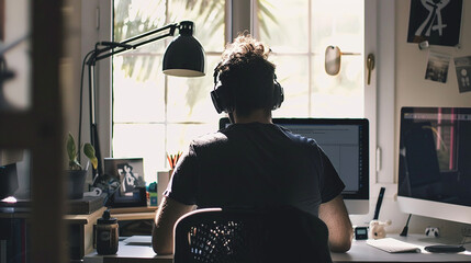 Man with Headphones Working on Computer at Home

