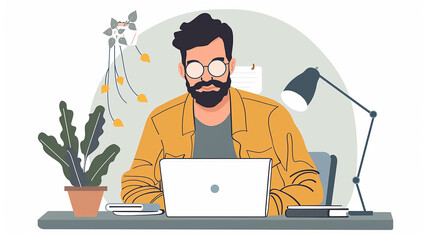 Cartoon Man with Beard and Glasses Working on Laptop
