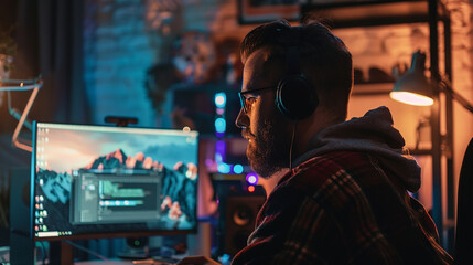 Male Video Editor or Gamer with Headphones at Night

