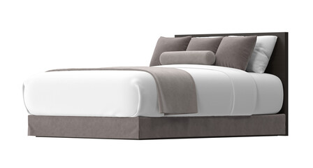 A luxurious bed with soft pillows and bedding, inviting relaxation and comfort. The bed features a stylish headboard and is perfectly made, exuding an atmosphere of serenity