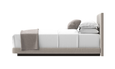 Elegant bed with cozy pillows and comforter. A modern designed bed in a clean, simple setting,...