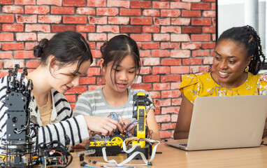 
Teacher woman and student girl smile think talking show idea project education learning technology...