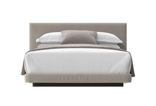 A cozy and inviting bed with a comfortable design for relaxation. The bed features clean lines, soft bedding, and a minimalist aesthetic