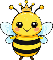 Cute Cartoon Queen Bee with Crown and Wings – Adorable Vector Insect Character Illustration