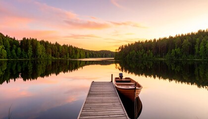 Dock boat at sunset lake reflection