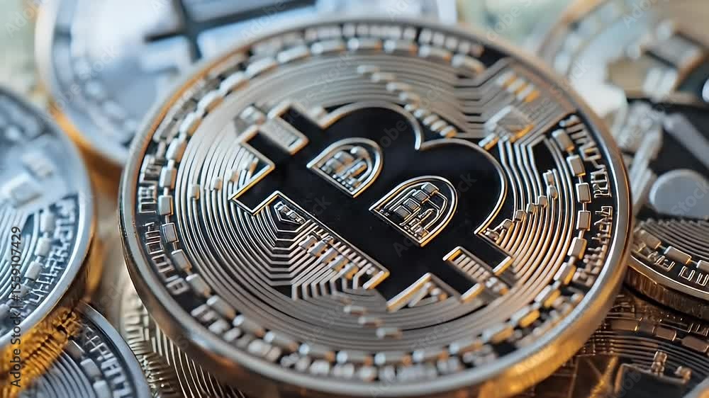 Poster metallic cryptocurrency coins with intricate details close up rich texture rendering