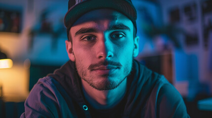 Intense Portrait of Man with Neon Lighting

