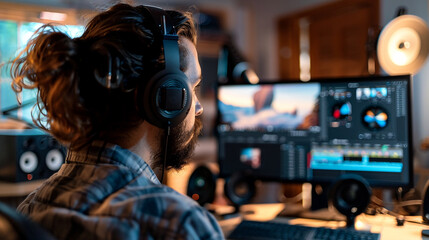 Male Video Editor Working with Headphones at Night