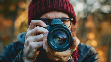Photographer with Beanie Taking Outdoor Photos

