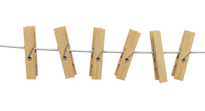 Multiple natural wooden clothespins with polished silver springs, evenly spaced on a thin clothesline against a pure stark white background with ample copy space, a precise still life for laundry day
