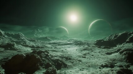 Alien planet landscape green atmosphere moons sci fi scene digital art wallpaper background hd space view silhouette